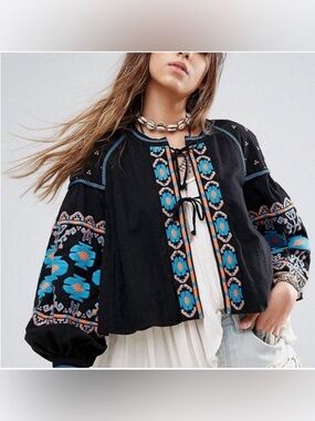 Free People Embroidered Tie-Front Boho Jacket Southwestern Puff Sleeve Black